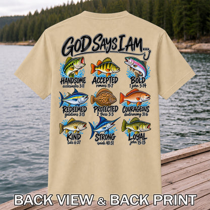 God Says I Am Christian Fish and Bible Verse Fishing Graphic T-Shirt | Back Print