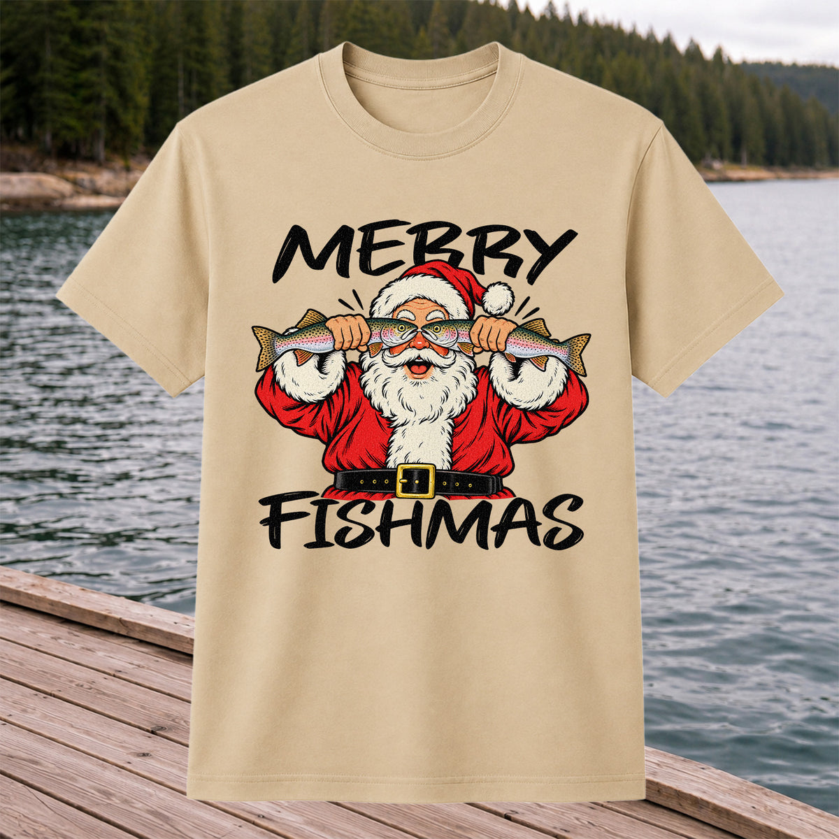 Merry Fishmas Santa Holding Rainbow Trout Christmas Fishing T-Shirt