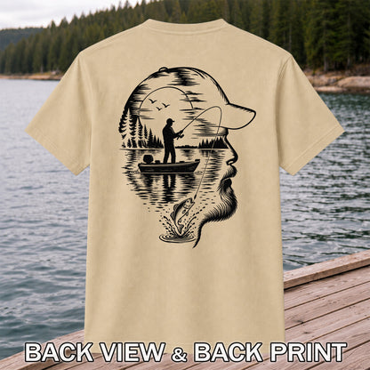 Bearded Angler Silhouette with Lake Fishing Scene Graphic T-Shirt | Back Print