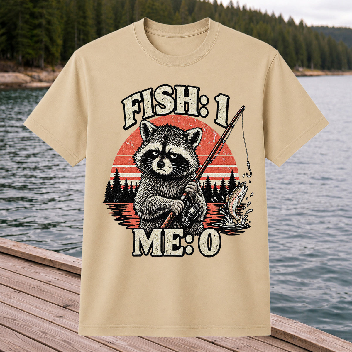 Fish: 1 Me: 0 Funny Raccoon Trout Fishing T-Shirt
