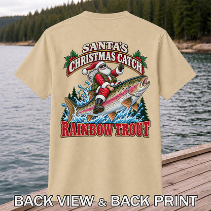 Santa's Christmas Catch Rainbow Trout Fishing T-Shirt | Back Print