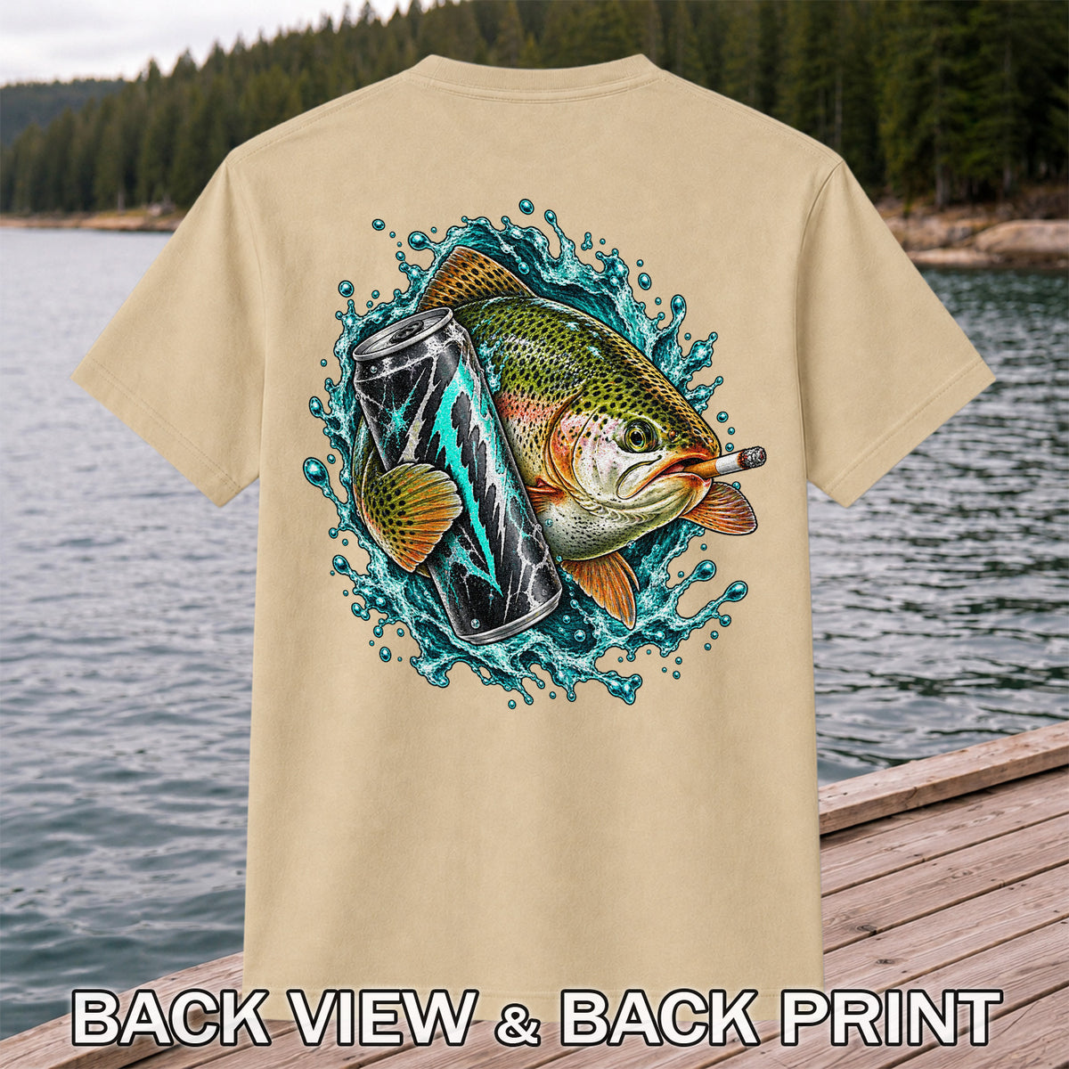 Rainbow Trout with Cigarette and Energy Drink Fishing T-Shirt | Back Print
