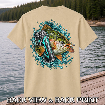 Rainbow Trout with Cigarette and Energy Drink Fishing T-Shirt | Back Print