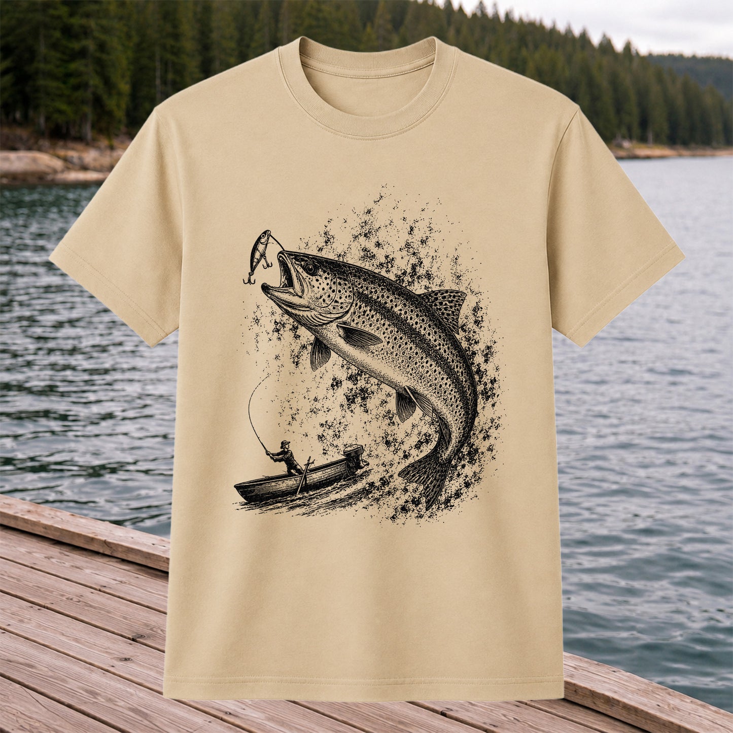 Leaping Trout Striking Lure from Fishing Boat Graphic T-Shirt