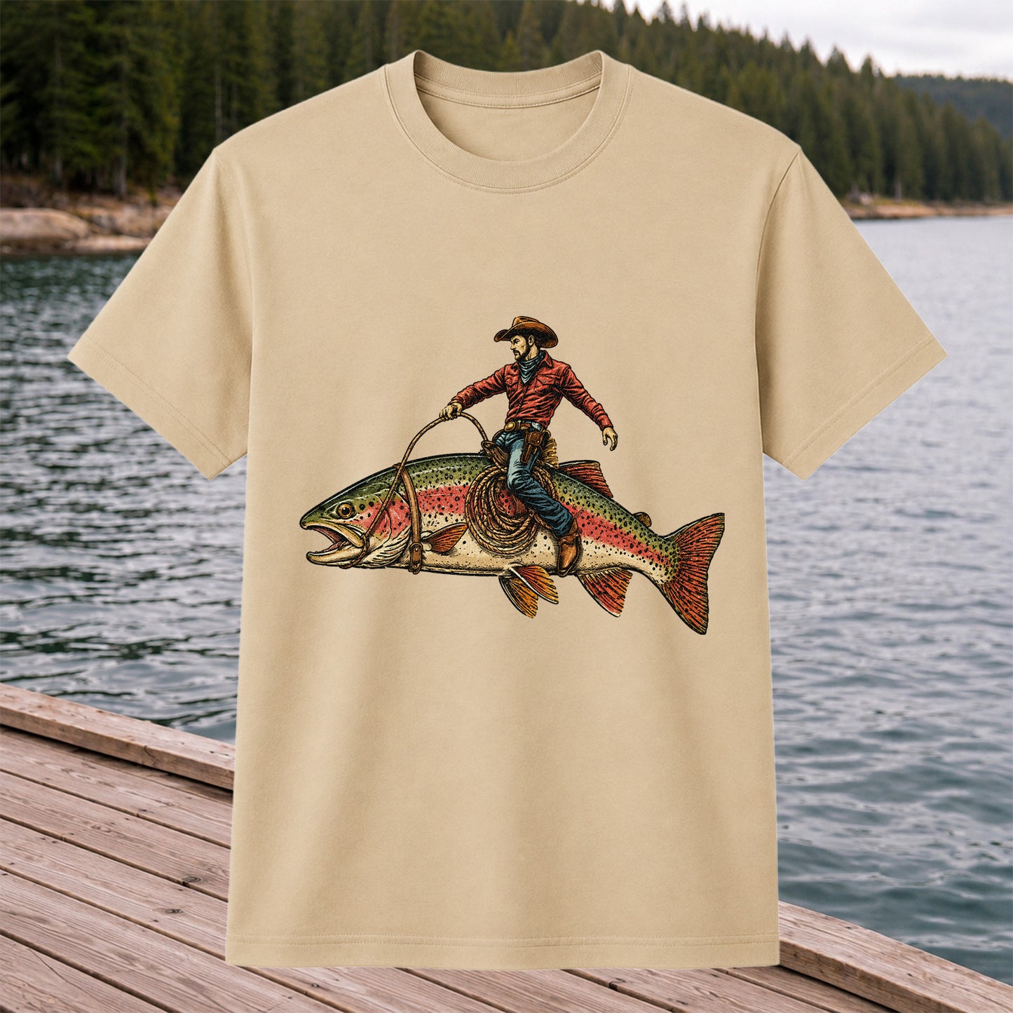 Cowboy Riding Rainbow Trout T-Shirt Vintage Western Fishing Tee