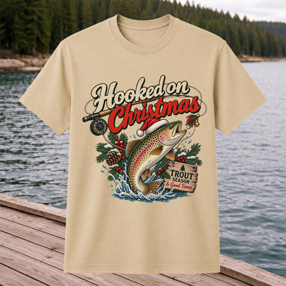 Hooked on Christmas Rainbow Trout in Santa Hat Fishing T-Shirt