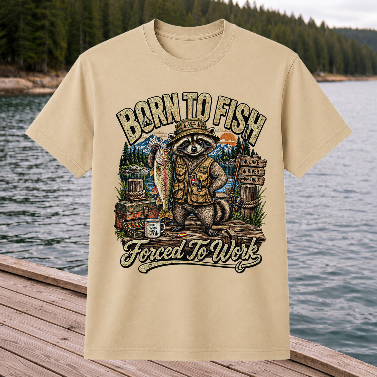 Born to Fish Forced to Work Raccoon and Rainbow Trout Fishing T-Shirt