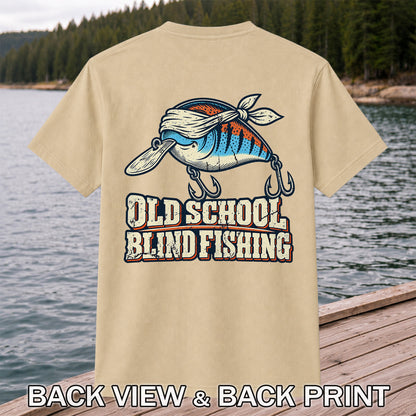 Old School Blind Fishing Blindfolded Lure Graphic T-Shirt | Back Print