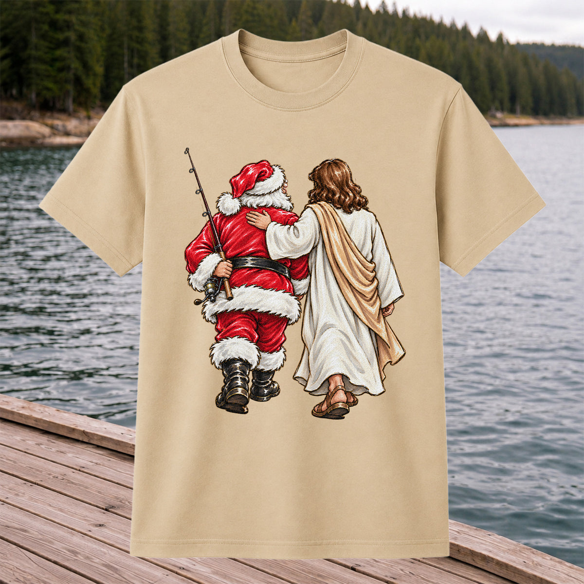 Santa and Robed Companion Fishing Graphic T-Shirt