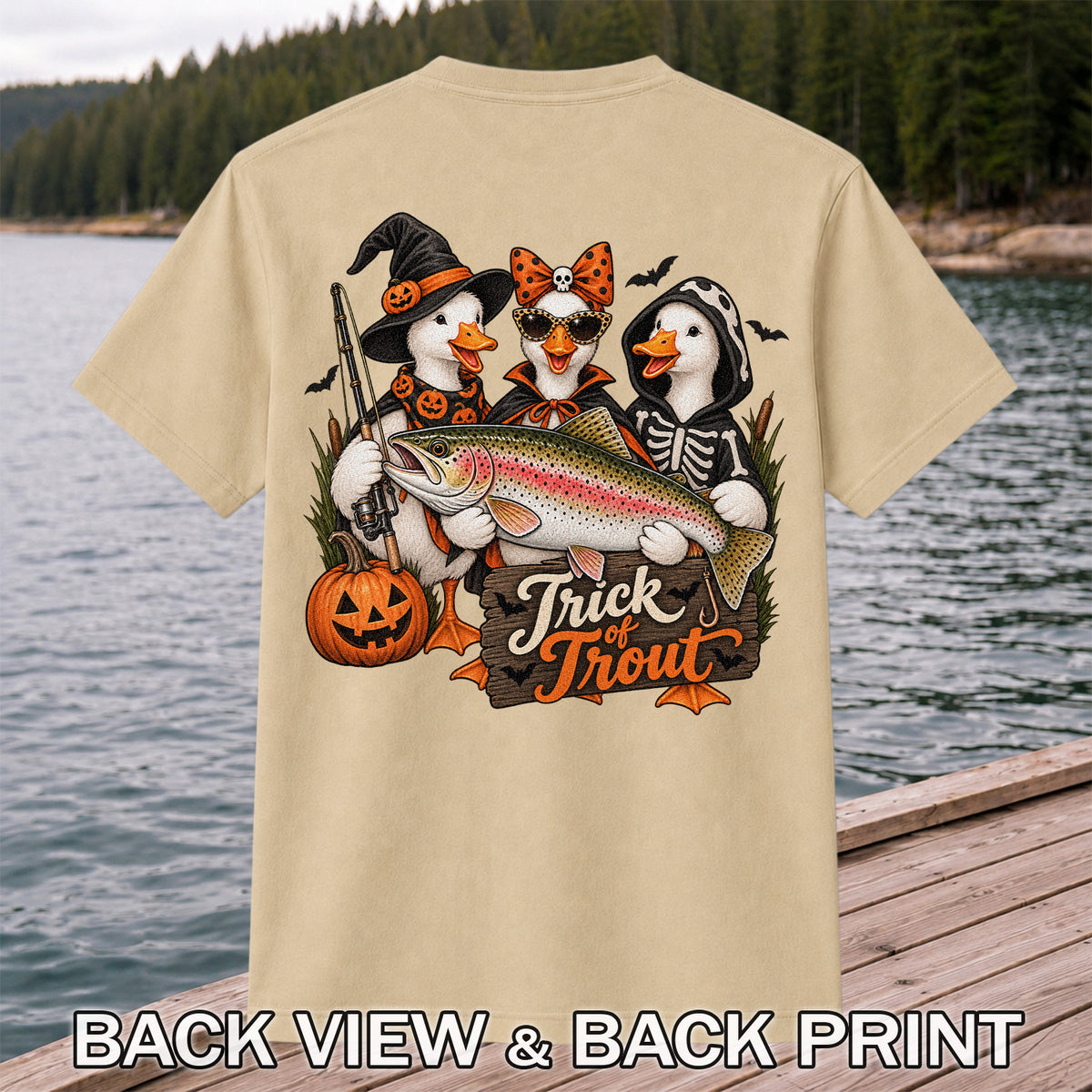 Trick of Trout Halloween Ducks with Rainbow Trout Fishing T-Shirt | Back Print