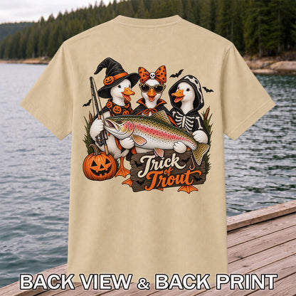 Trick of Trout Halloween Ducks with Rainbow Trout Fishing T-Shirt | Back Print