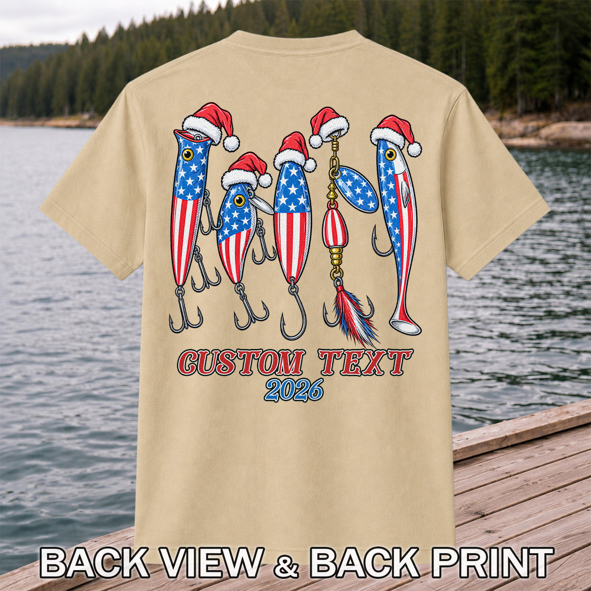 Personalized Patriotic Christmas Fishing Lures T-Shirt | Back Print
