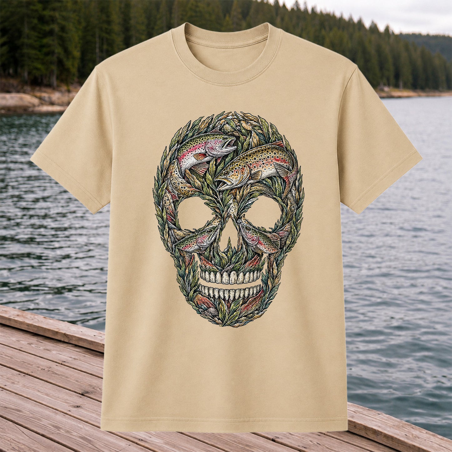 Rainbow and Brown Trout Skull Fishing Graphic T-Shirt