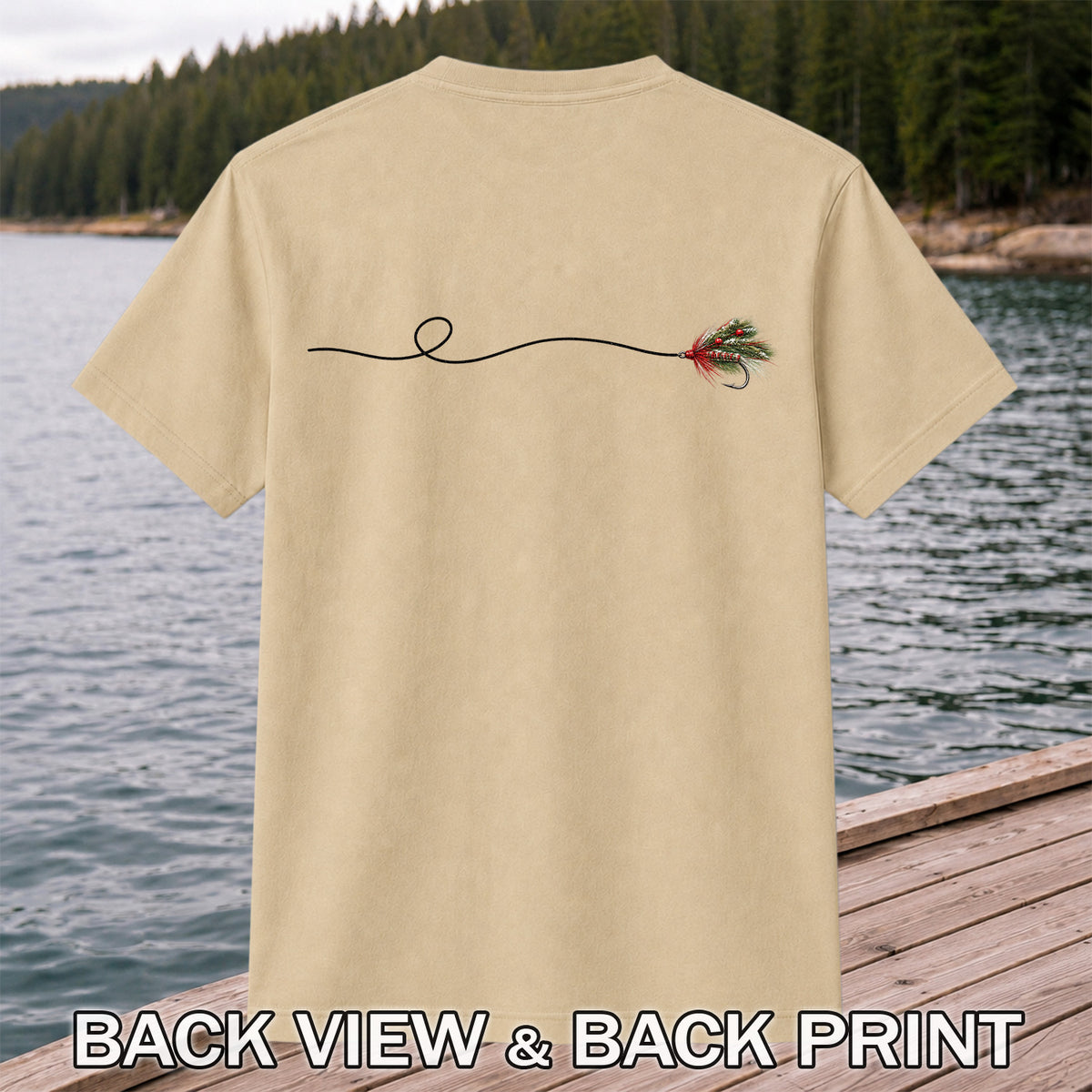 Festive Fly Fishing Lure and Line Graphic T-Shirt | Back Print