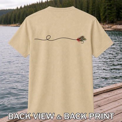 Festive Fly Fishing Lure and Line Graphic T-Shirt | Back Print