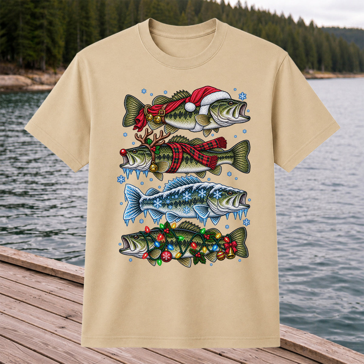 Christmas Bass with Santa Hat and Holiday Lights Fishing T-Shirt