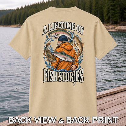 A Lifetime of Fish Stories Angler and Trout Fishing Graphic T-Shirt | Back Print