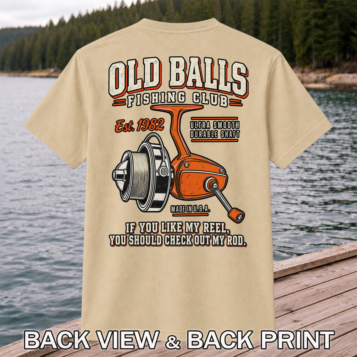 Old Balls Fishing Club Vintage Spinning Reel Graphic T-Shirt | Back Print