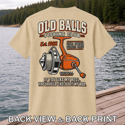 Old Balls Fishing Club Vintage Spinning Reel Graphic T-Shirt | Back Print