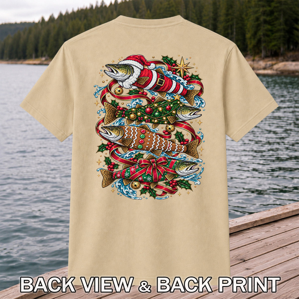 Santa and Gingerbread Trout Christmas Fishing Graphic T-Shirt | Back Print