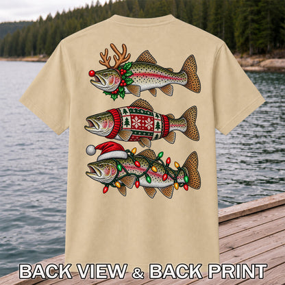 Christmas Trout Antlers Sweater and Lights Fishing T-Shirt | Back Print