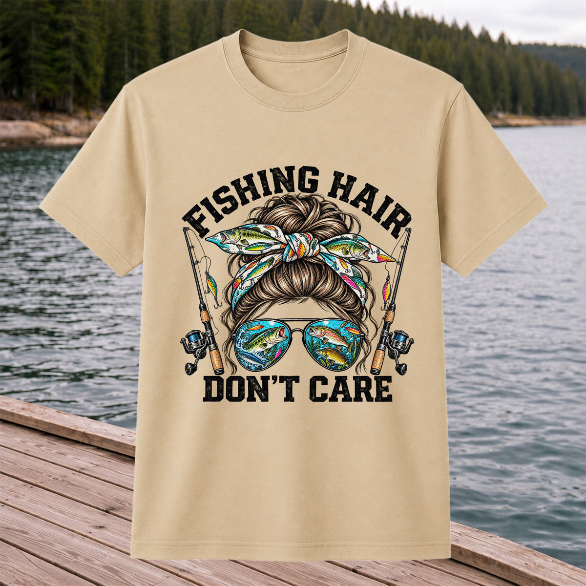 Fishing Hair Don't Care Messy Bun and Sunglasses T-Shirt