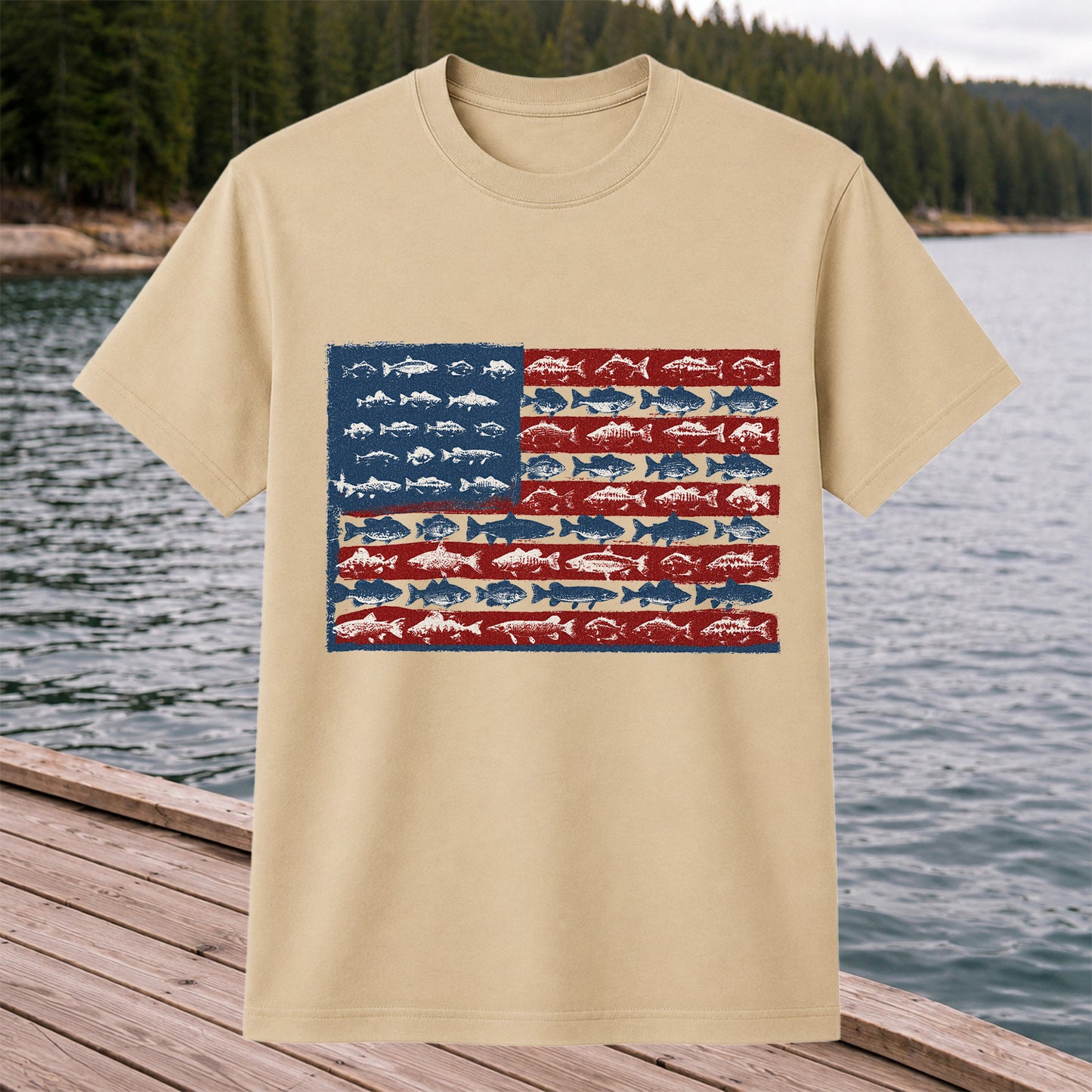 American Flag Made of Fish Patriotic Fishing Graphic T-Shirt