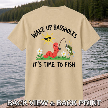 Wake Up Bassholes Funny Worm and Bass Fishing Graphic T-Shirt | Back Print