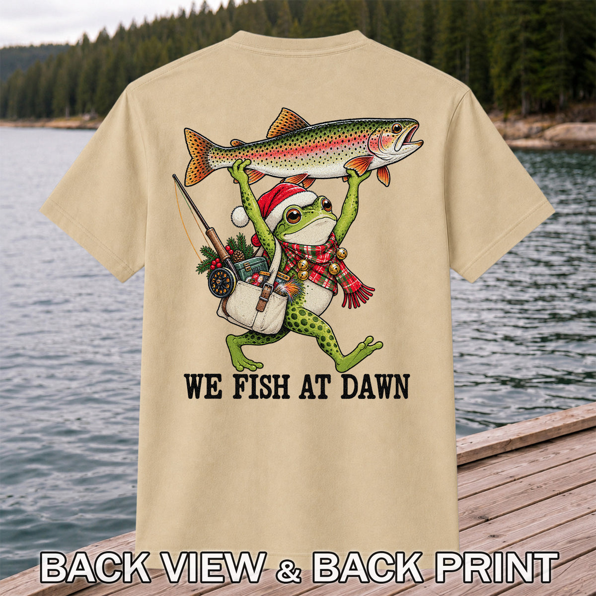 Frog Holding Rainbow Trout Fishing at Dawn Graphic T-Shirt | Back Print