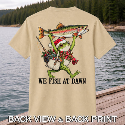 Frog Holding Rainbow Trout Fishing at Dawn Graphic T-Shirt | Back Print