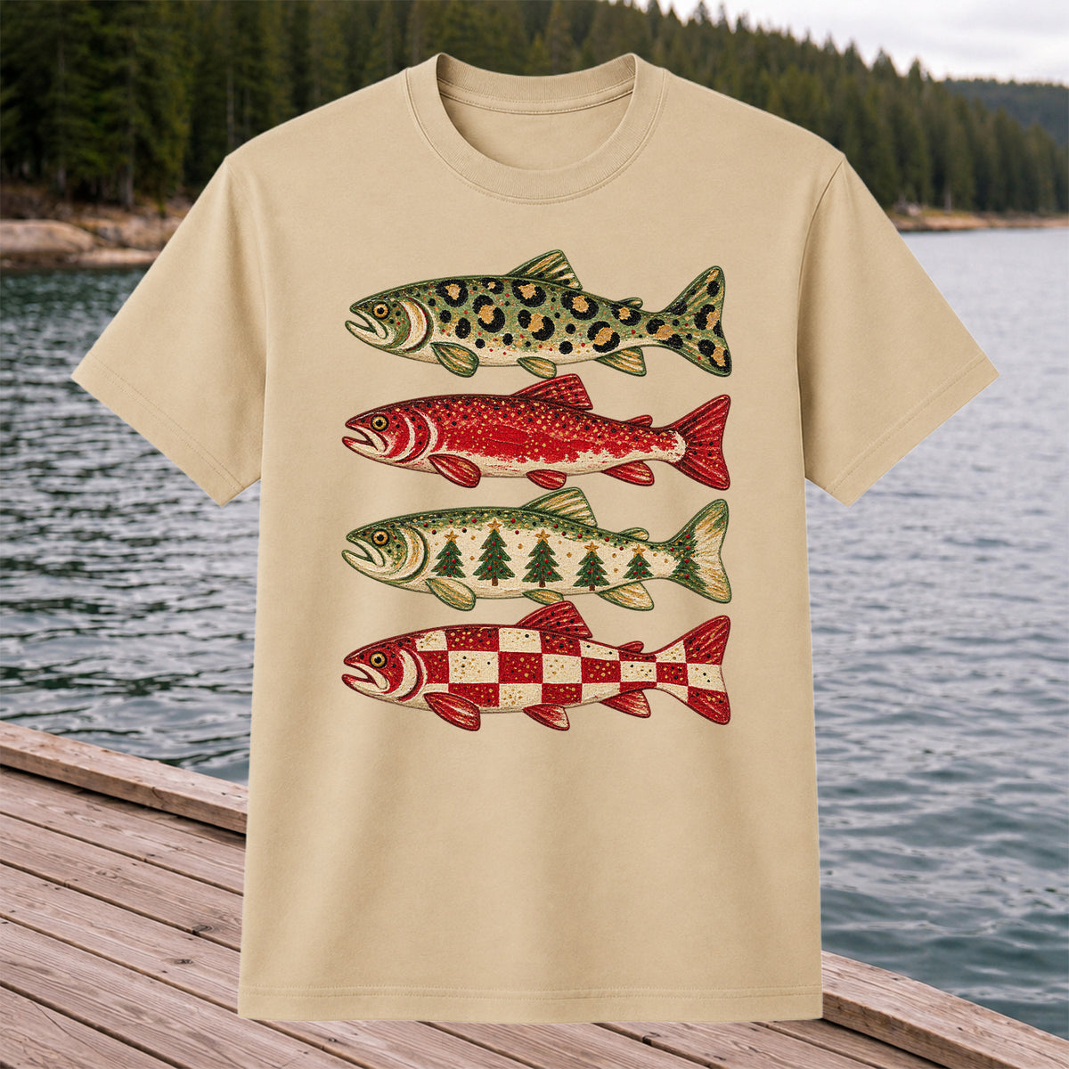 Four Seasonal Trout Patterns Christmas Fishing Graphic T-Shirt