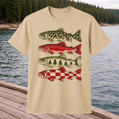 Four Seasonal Trout Patterns Christmas Fishing Graphic T-Shirt
