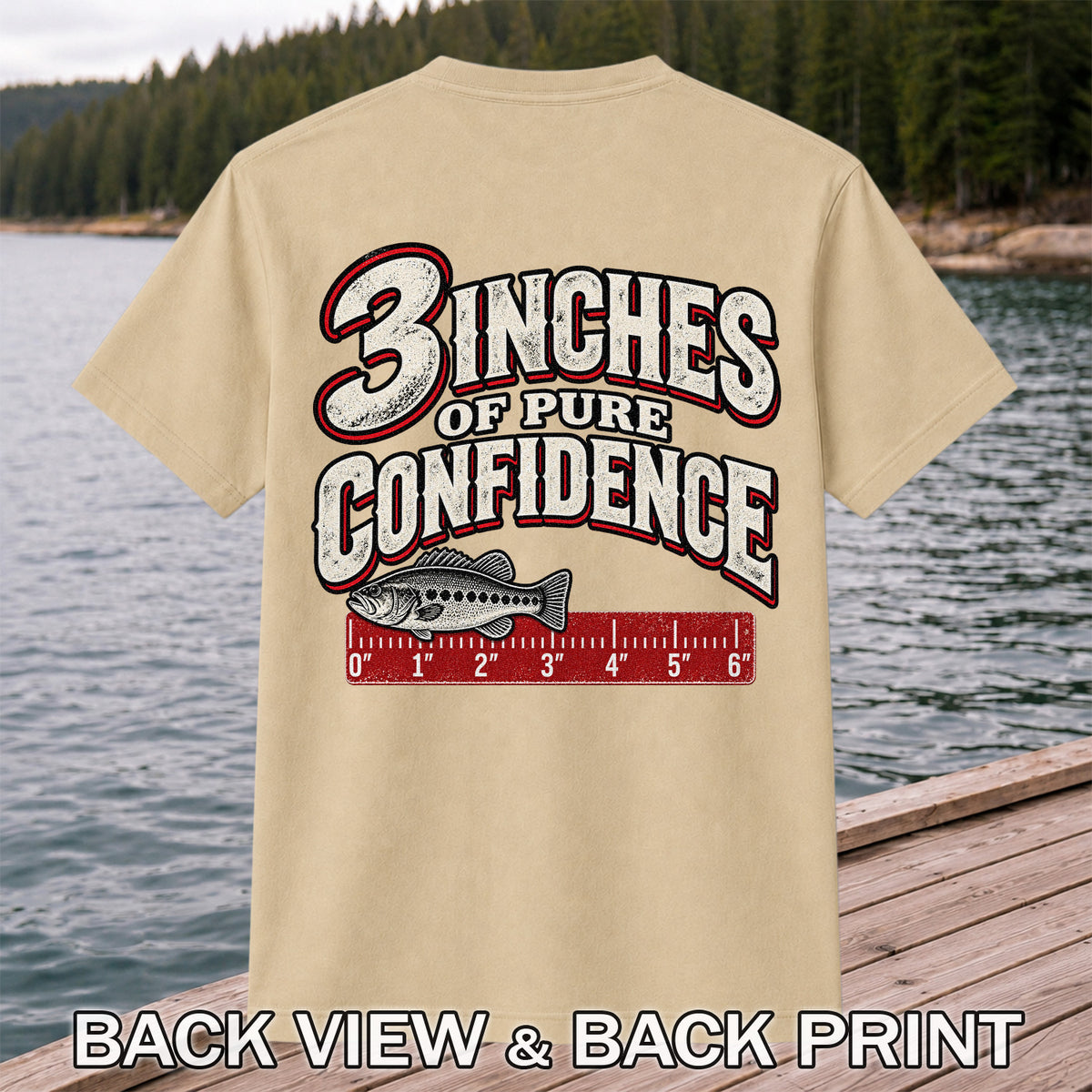 3 Inches of Pure Confidence Bass and Ruler Funny Fishing T-Shirt | Back Print