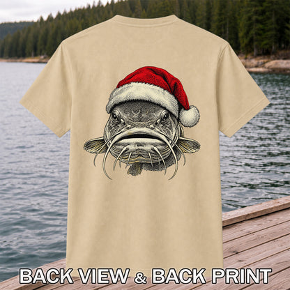 Christmas Catfish Santa Hat Holiday Fishing Graphic T-Shirt | Back Print