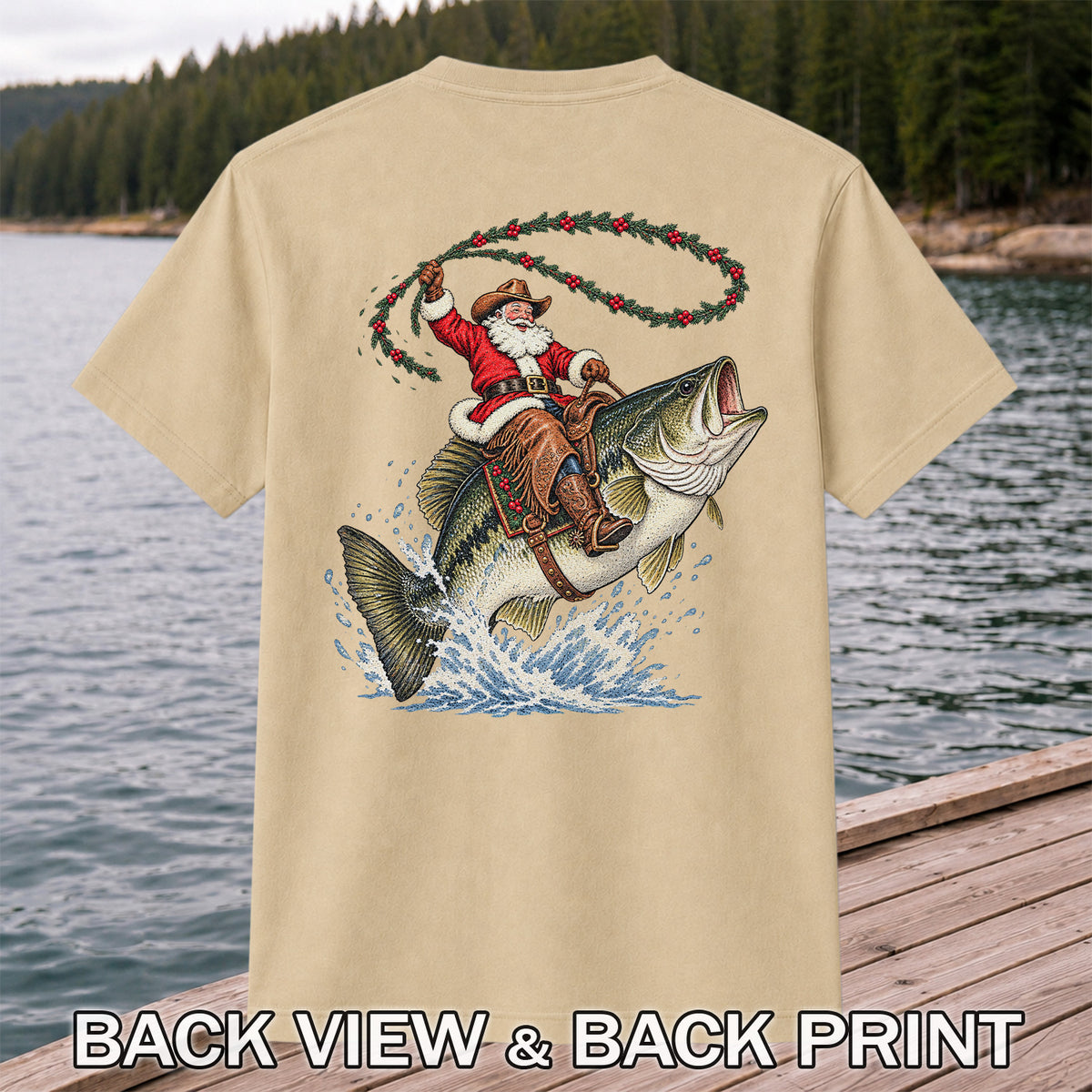 Cowboy Santa Riding a Jumping Bass Christmas Fishing Graphic T-Shirt | Back Print
