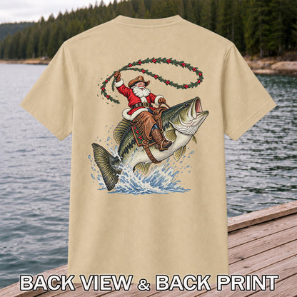 Cowboy Santa Riding a Jumping Bass Christmas Fishing Graphic T-Shirt | Back Print