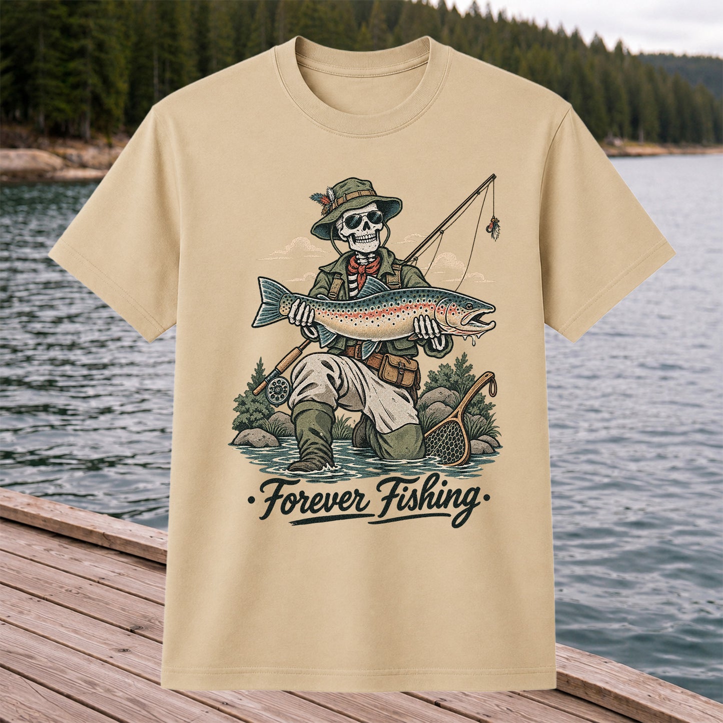 Forever Fishing Skeleton Angler with Rainbow Trout Graphic T-Shirt