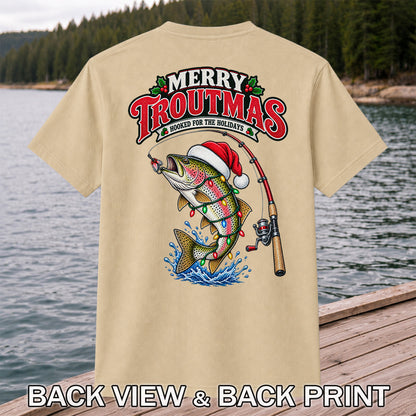 Merry Troutmas Hooked for the Holidays Rainbow Trout Christmas Fishing T-Shirt | Back Print