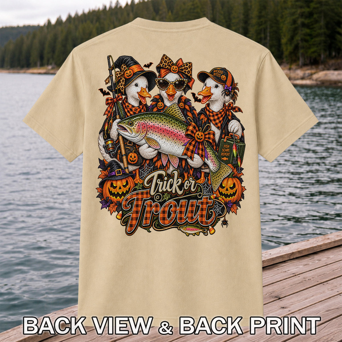 Trick or Trout Halloween Ducks with Rainbow Trout and Pumpkins Fishing T-Shirt | Back Print