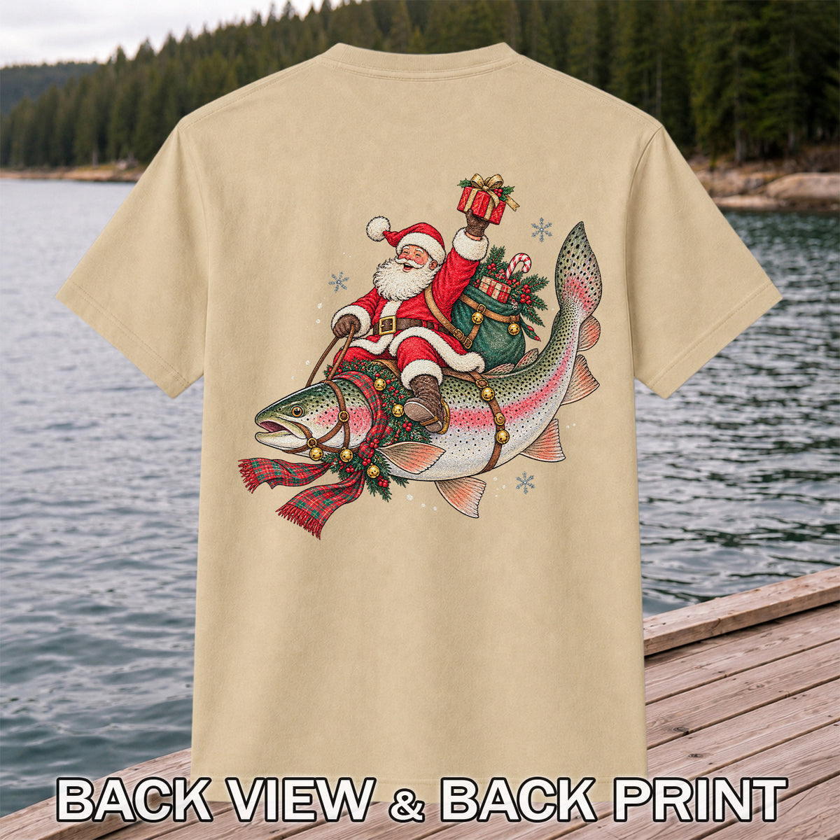 Santa Riding a Festive Rainbow Trout Christmas Fishing Graphic T-Shirt | Back Print