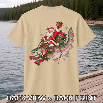 Santa Riding a Festive Rainbow Trout Christmas Fishing Graphic T-Shirt | Back Print