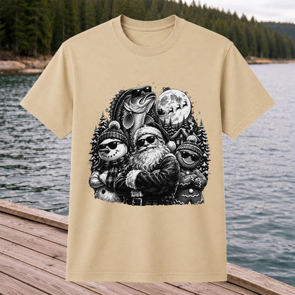 Santa Snowman Gingerbread and Bass Christmas Fishing T-Shirt