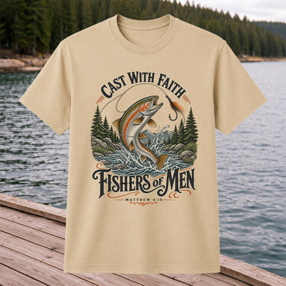 Cast with Faith Fishers of Men Matthew 4:19 Trout Fishing T-Shirt