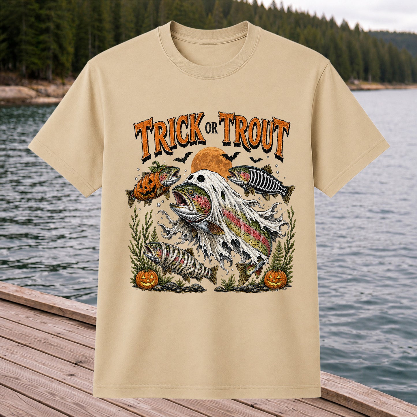 Trick or Trout Halloween T-Shirt Funny Trout Fishing Halloween Tee