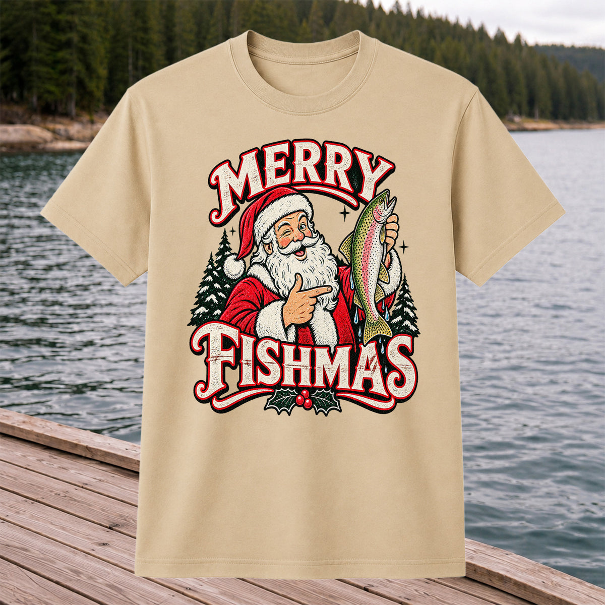 Merry Fishmas Santa Holding Rainbow Trout Christmas Fishing T-Shirt