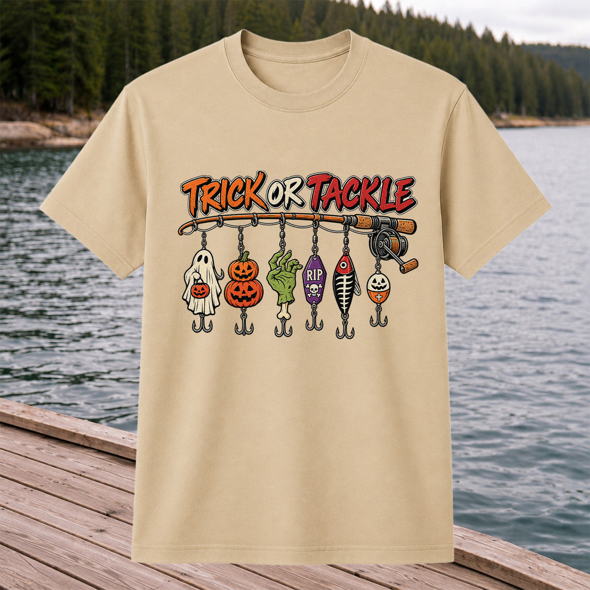 Trick or Tackle Halloween Ghost and Pumpkin Fishing Lures T-Shirt