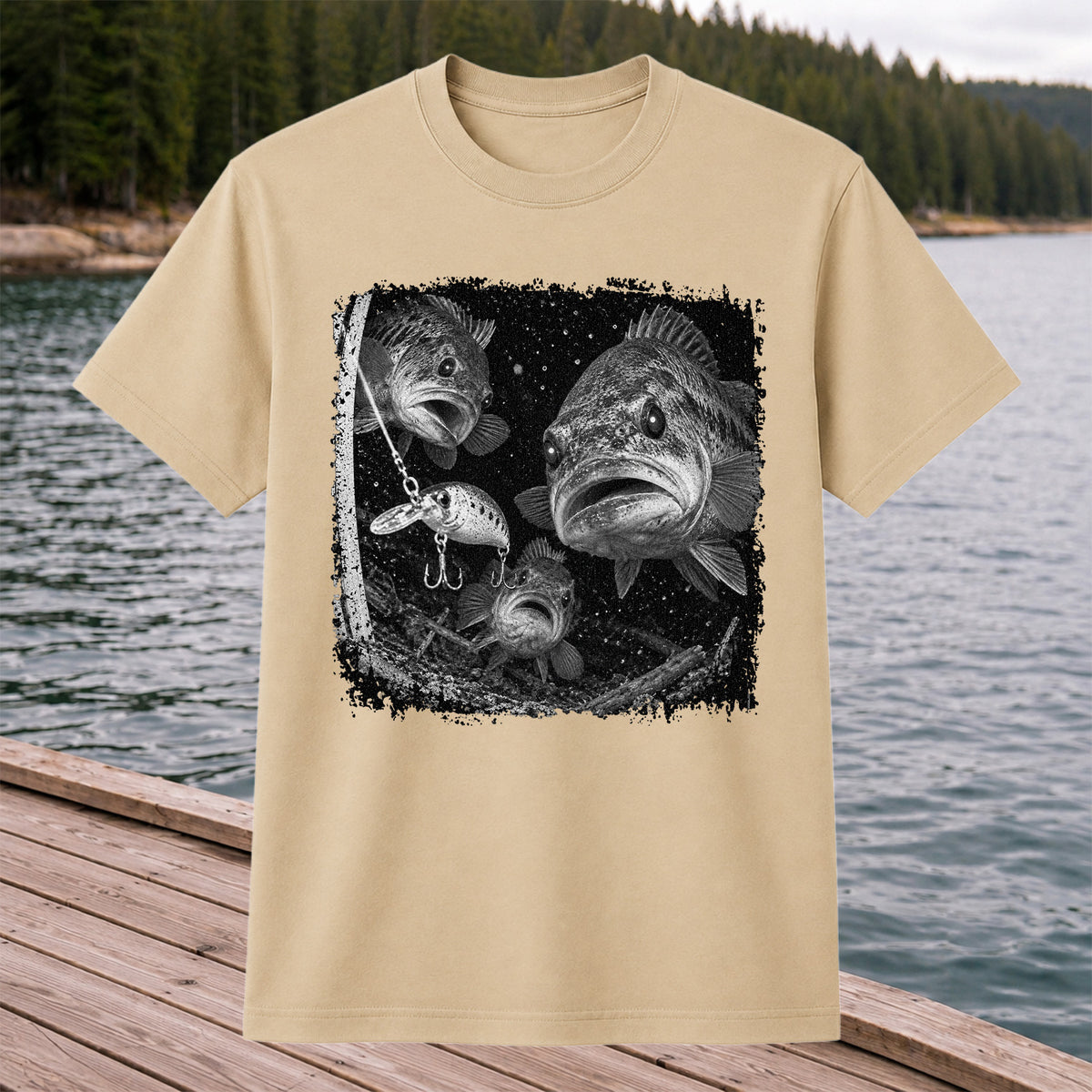 Vintage Bass Fishing Graphic T-Shirt with Underwater Fish Artwork