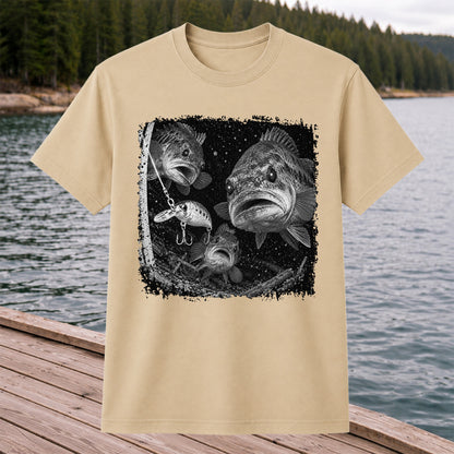 Vintage Bass Fishing Graphic T-Shirt with Underwater Fish Artwork