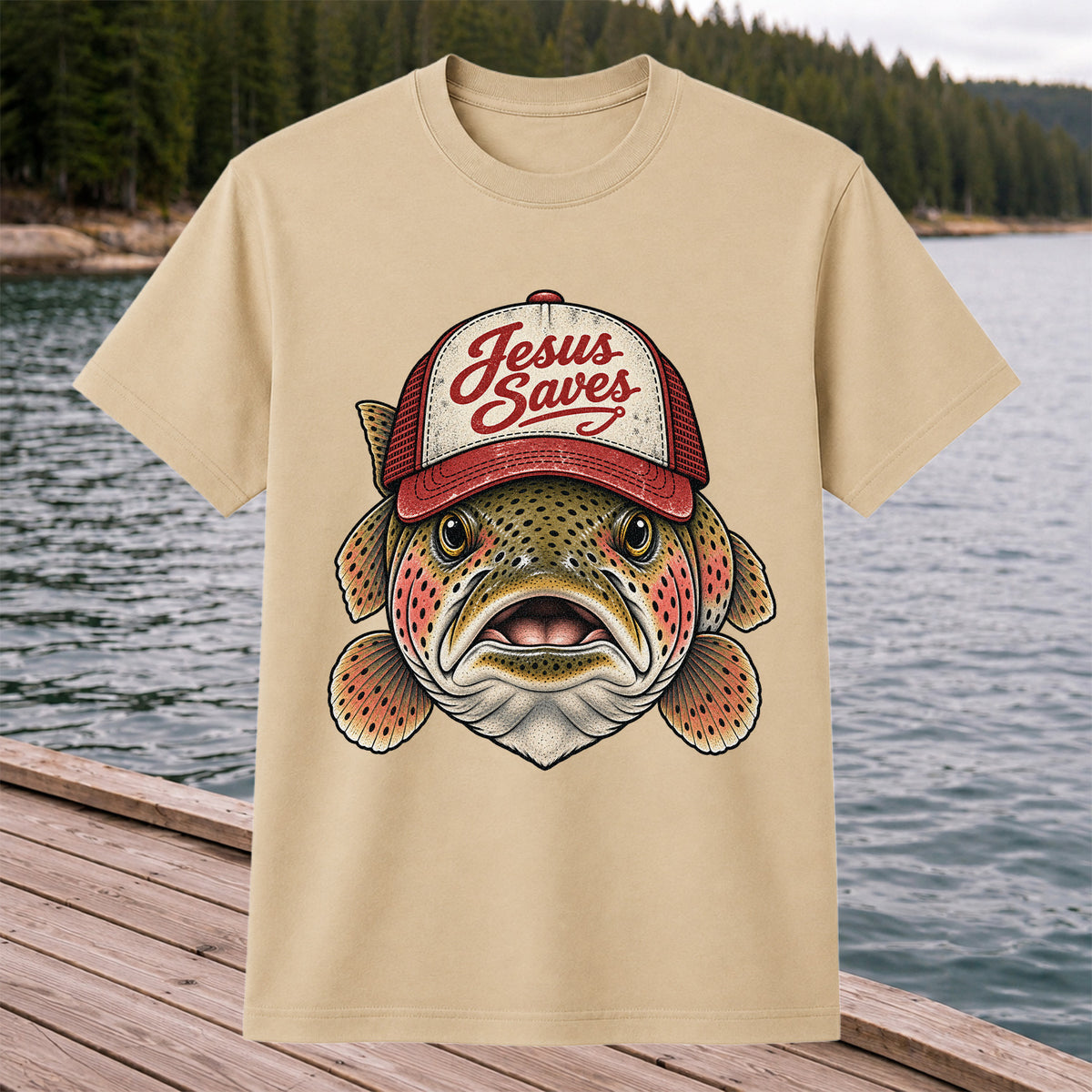 Jesus Saves Rainbow Trout in a Trucker Hat Fishing T-Shirt