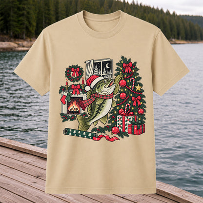 Christmas Bass Fishing Fireplace Tree Graphic T-Shirt
